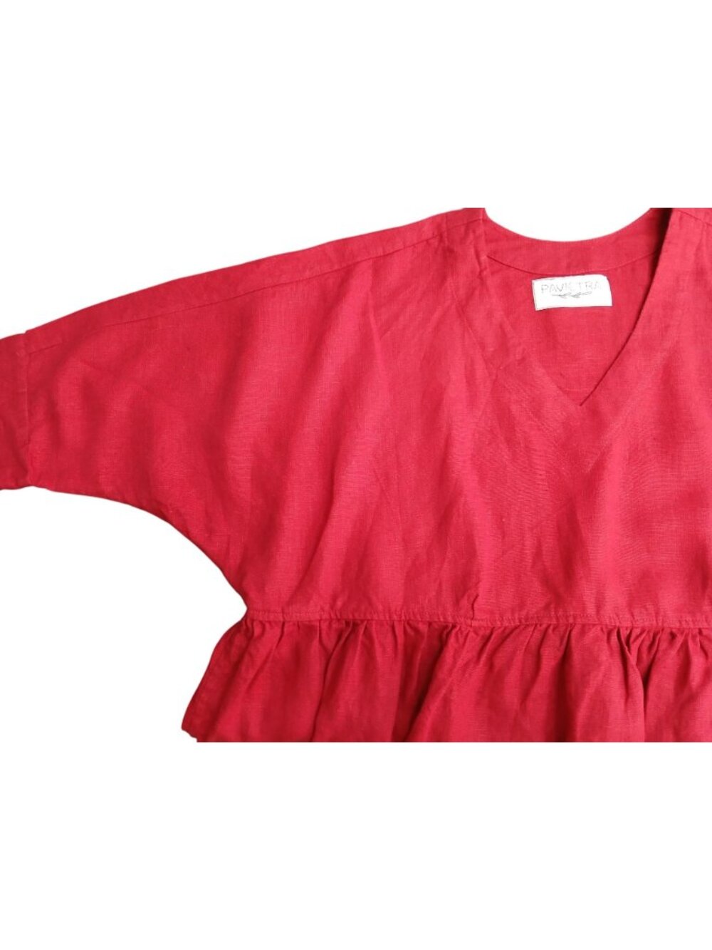 Pavietra Womens Red Linen Peplum Ruffled Peplum Linen Top V Neck - Picture 8 of 12